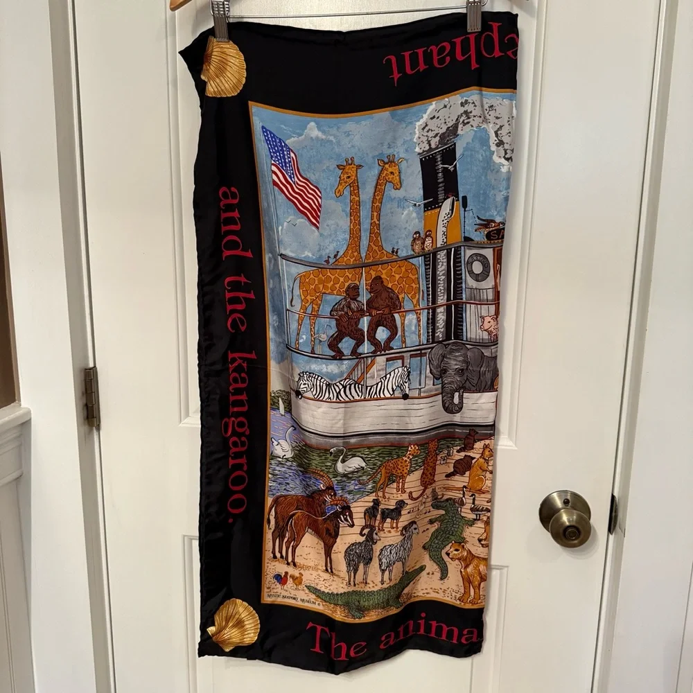 MYSTIC SEAPORT ELIZABETH MUMFORD SCARF SILK NOAHS ARK SHIP ANIMALS BLACK BLUE